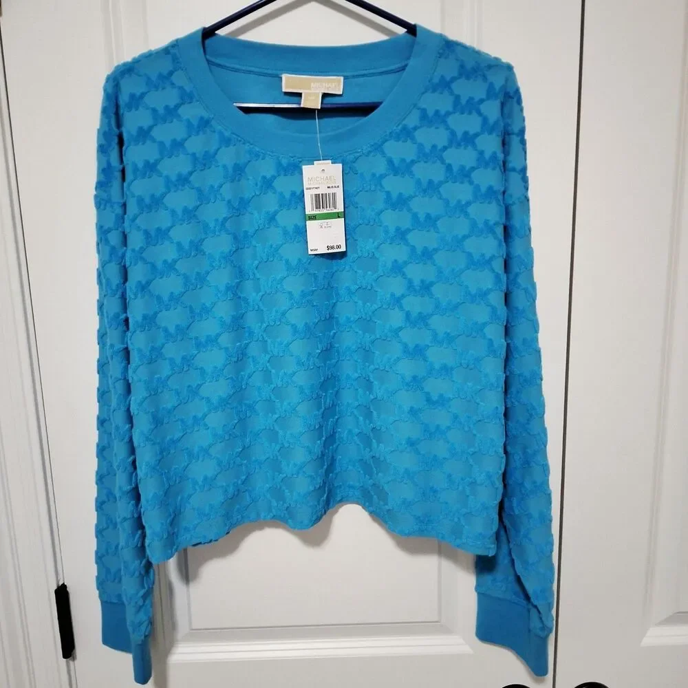 Michael Kors Women's MK Monogram Pattern Sweater Bright Blue Size Large NWT